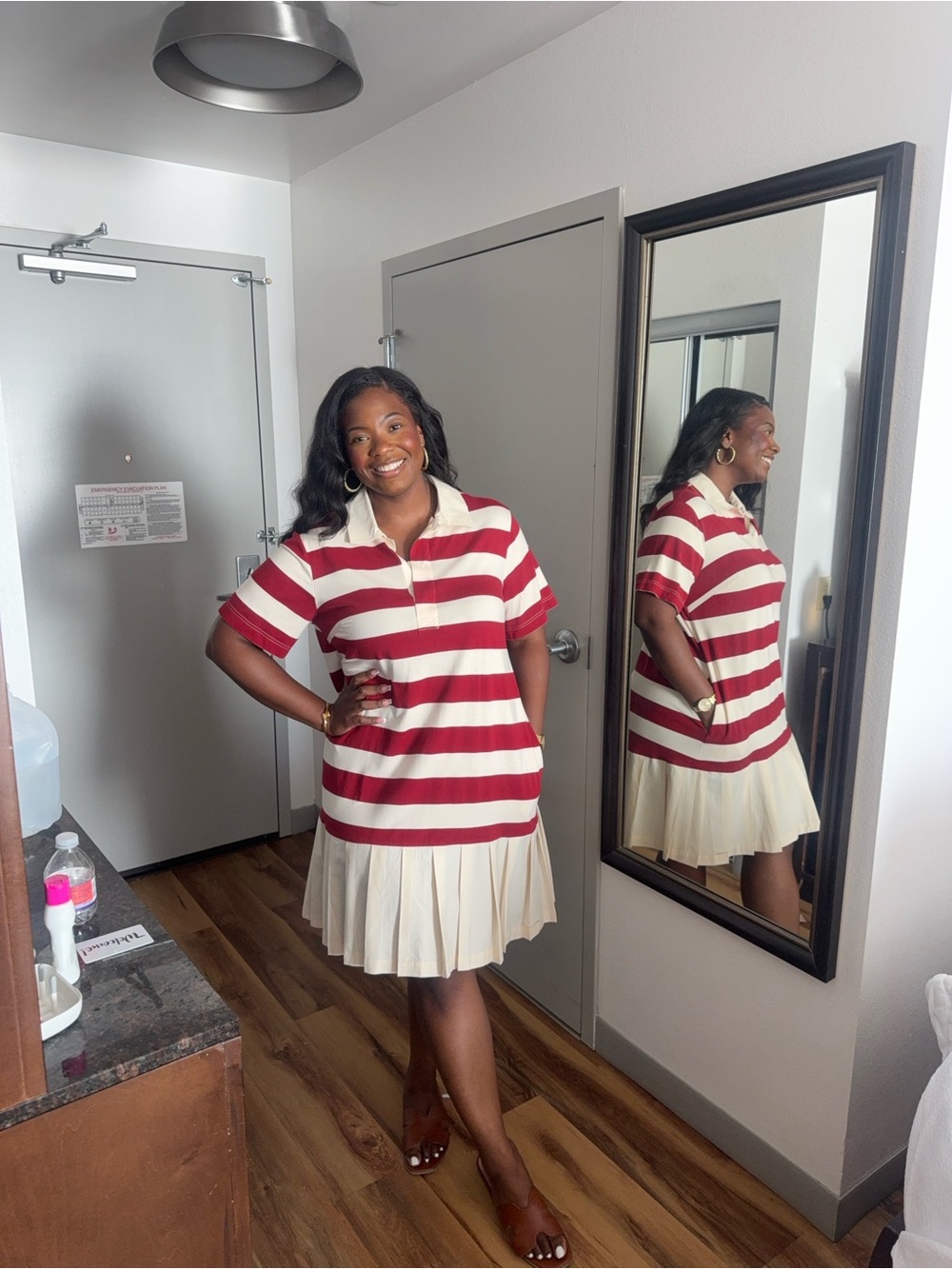 Red & Cream Striped Pleated Polo Dress